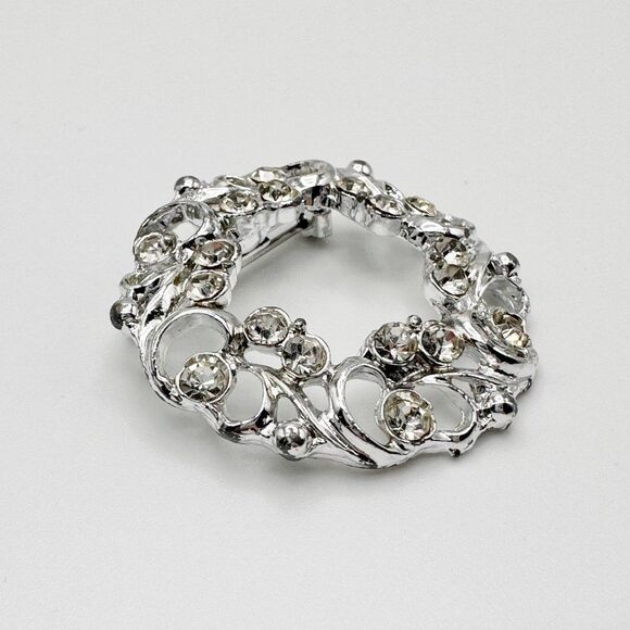Vintage Silver Rhinestone Wreath Brooch Pin - Picture 2 of 4